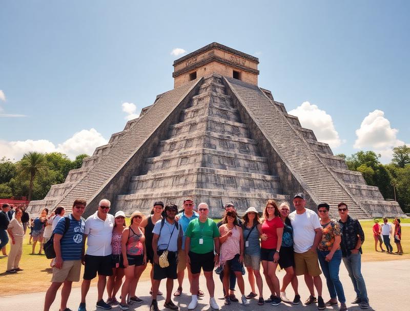 Tour bus arriving at Chichen Itza entrance gate