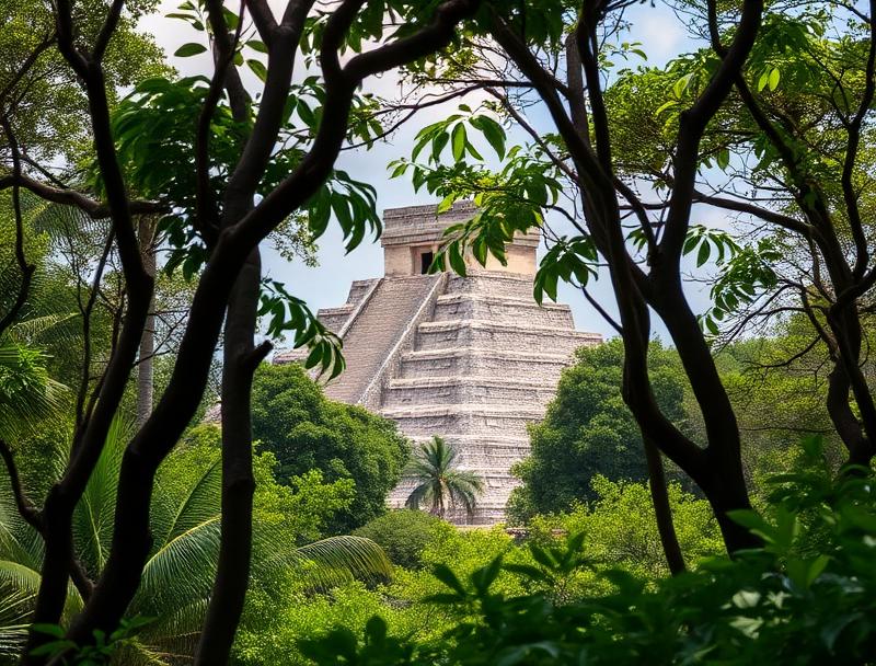 El Castillo pyramid from distance with tourists
