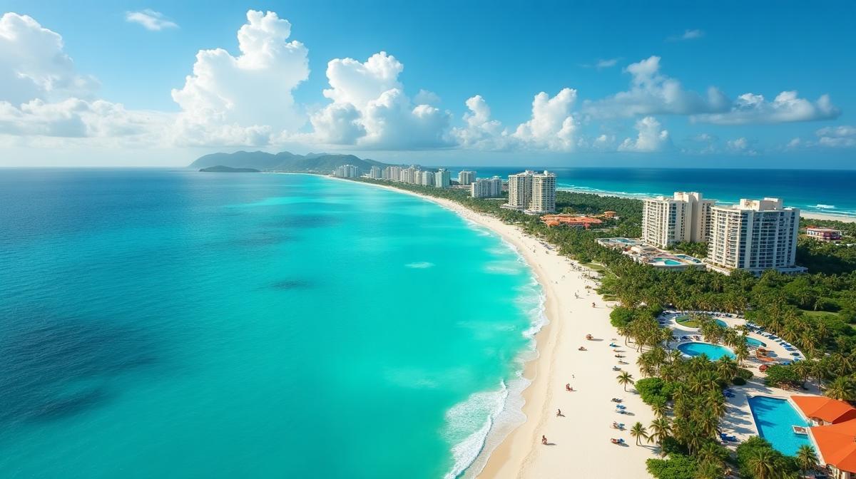Cancún beachfront hotels and turquoise Caribbean waters