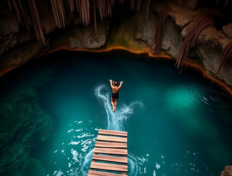 Wooden staircase descending into cenote