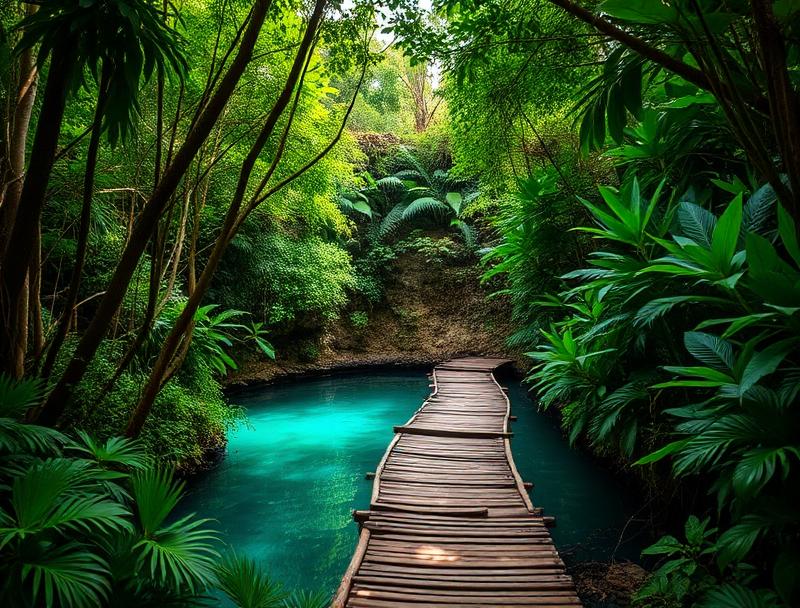 Underwater swimming in crystal clear cenote