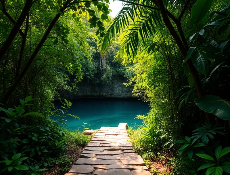 Sunlight streaming through cenote opening above