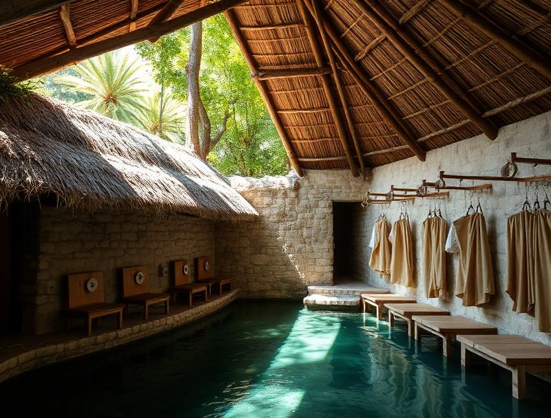 Thatched roof changing facilities at cenote