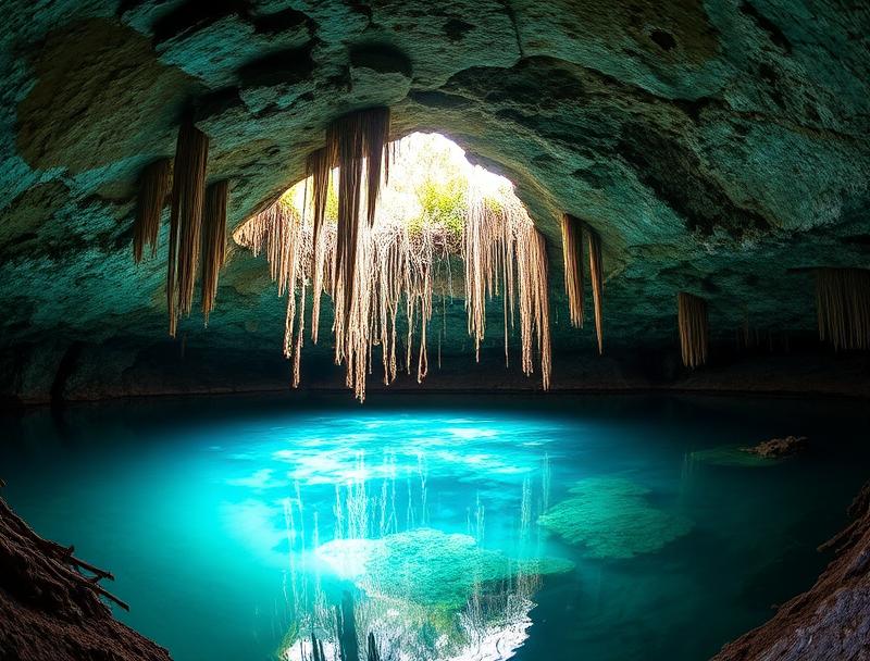 Wide panoramic shot of Cenote Ik Kil cavern
