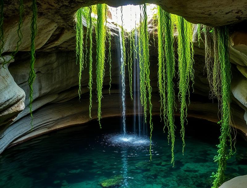 Hanging green vines and waterfalls inside cenote