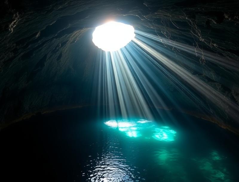Sunlight beams through cenote circular opening