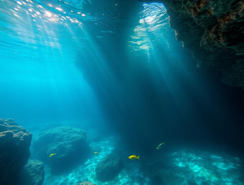 Underwater view of crystal cenote with fish