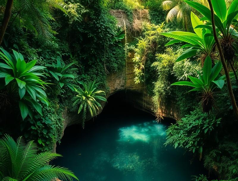 Lush tropical vegetation around cenote entrance