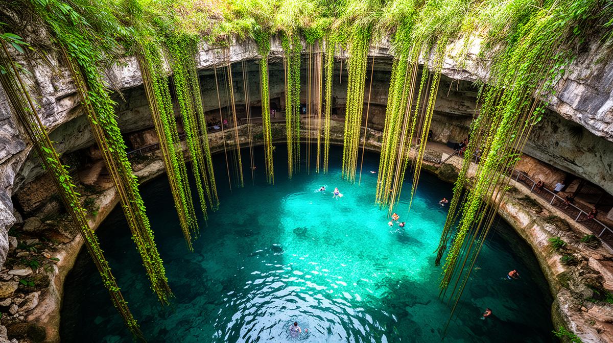 Cenote Ik Kil overhead view with hanging vines and turquoise water