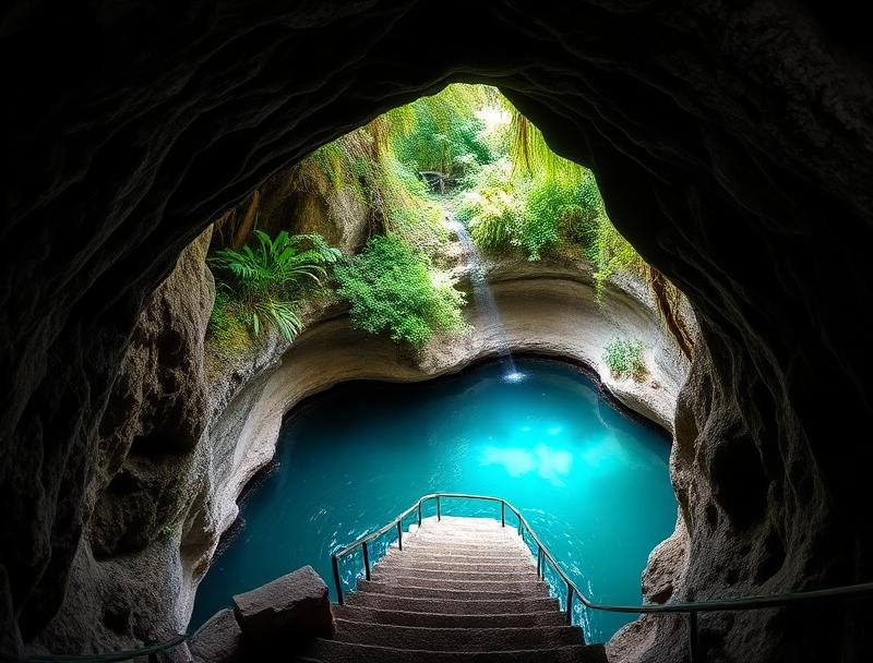 Cenote Saamal entrance with tropical garden path