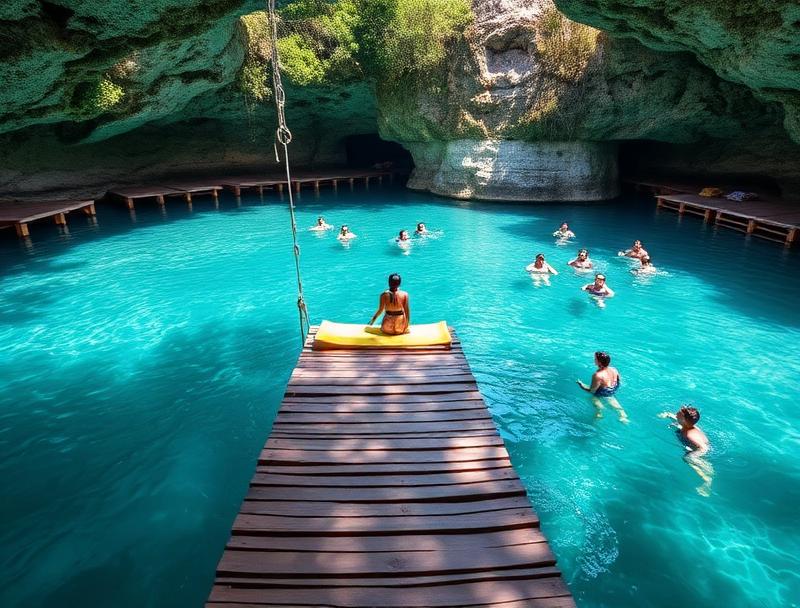 Open cenote panoramic view with blue sky above