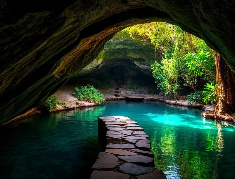Turquoise water glowing in natural cenote basin