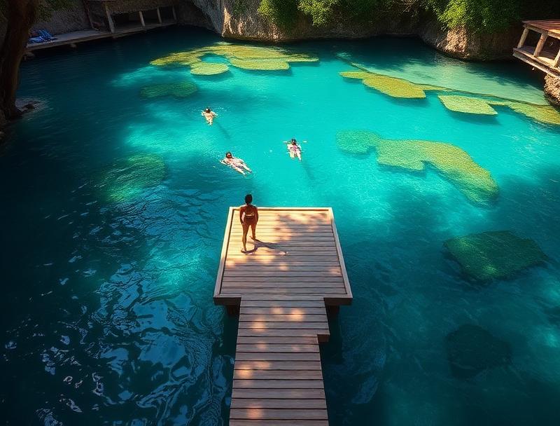 Stone stairway descending into cenote basin