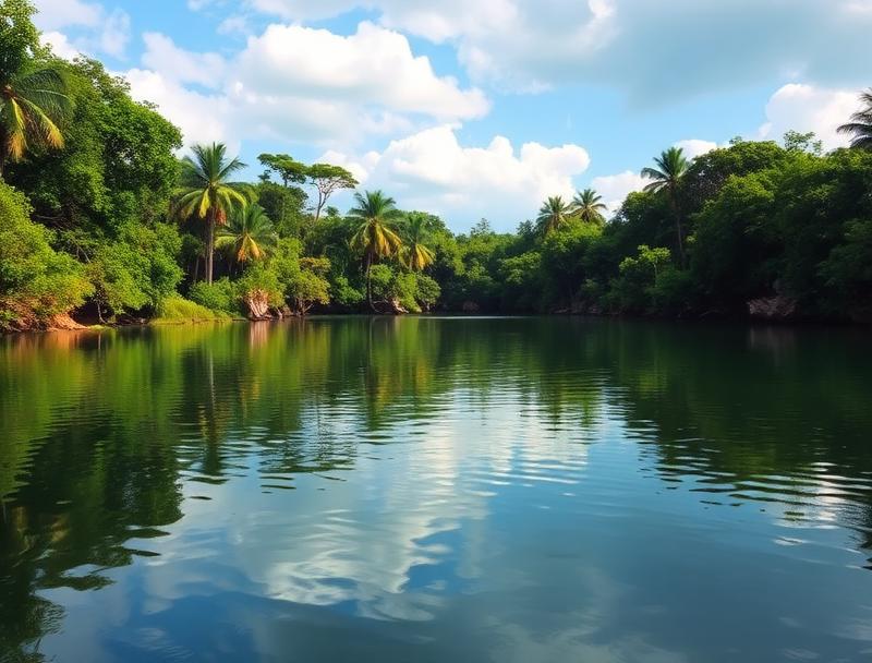 Serene lagoon reflecting jungle trees at Coba