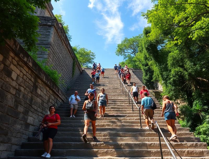 Tourists climbing 120 stone steps at Coba pyramid