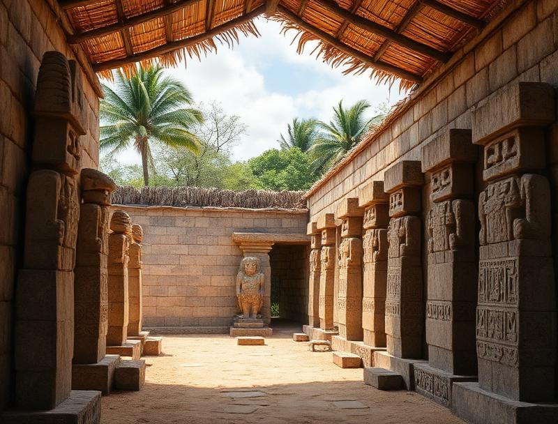 Ancient Mayan stelae gallery under thatched roof