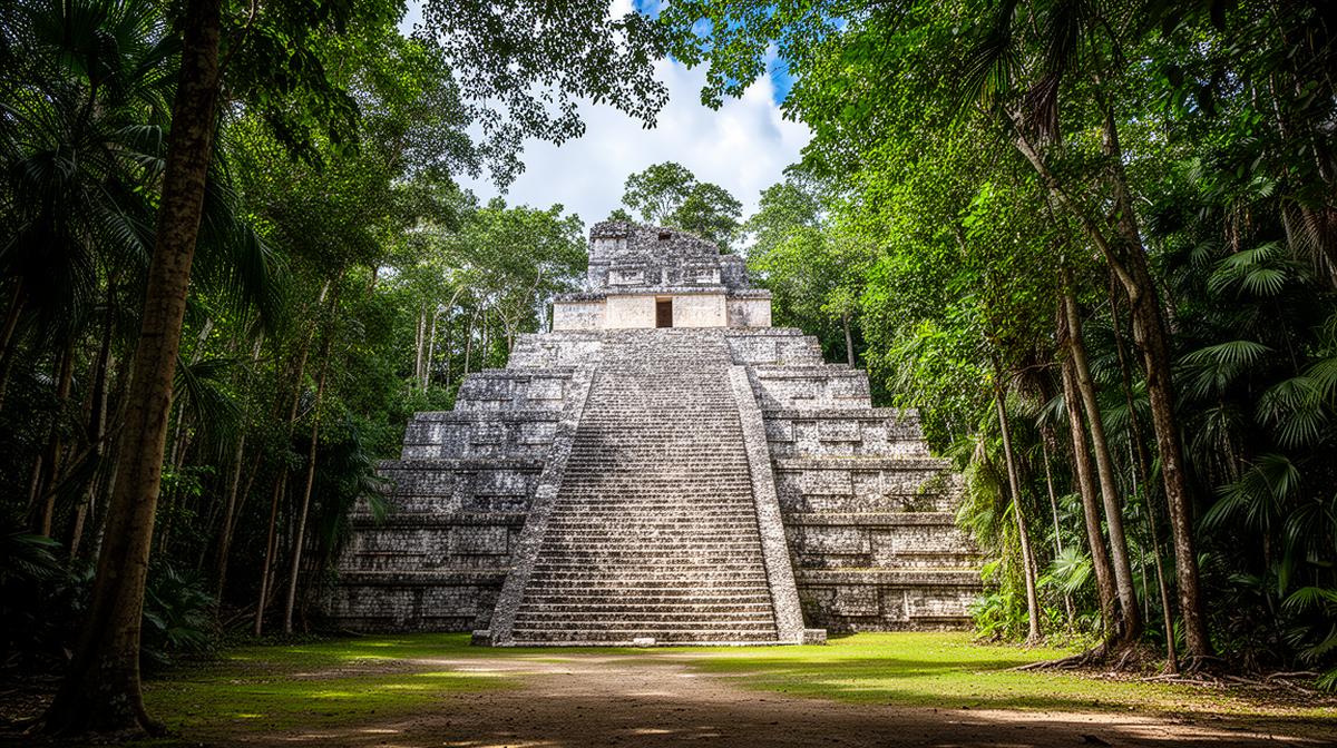 Nohoch Mul pyramid at Coba surrounded by jungle canopy
