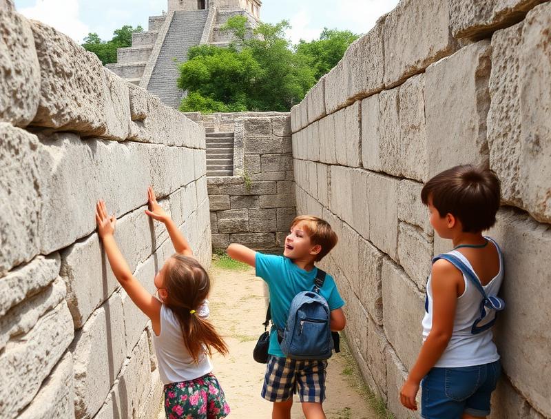 Kids exploring ancient Mayan ruins excitedly