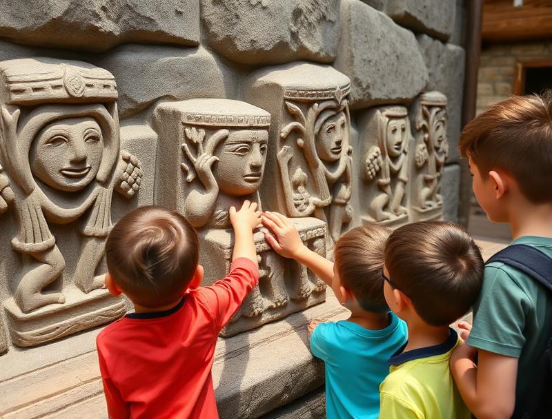 Child-friendly guide explaining ruins with gestures