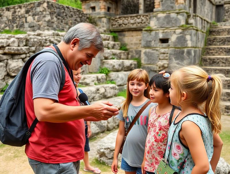 Children touching replica Mayan stone carvings