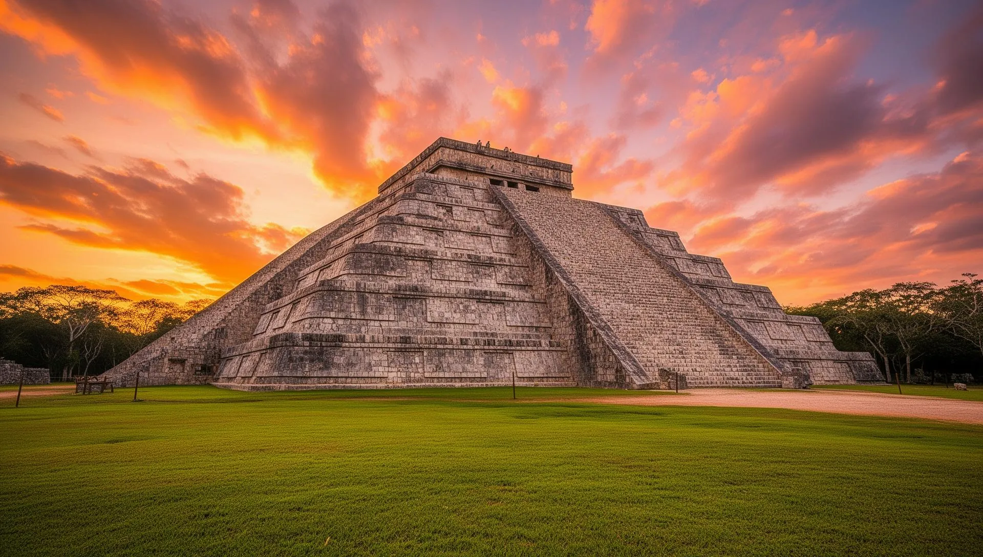 El Castillo pyramid at Chichen Itza during golden hour sunset