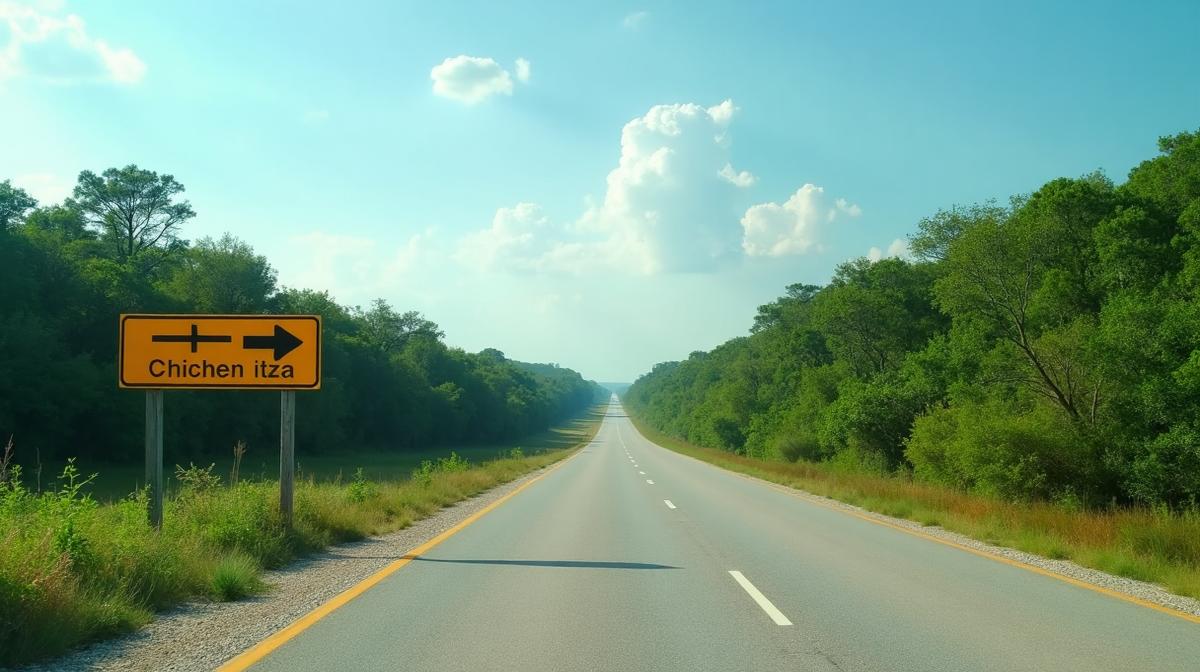 Scenic road through Yucatan jungle leading to Chichen Itza