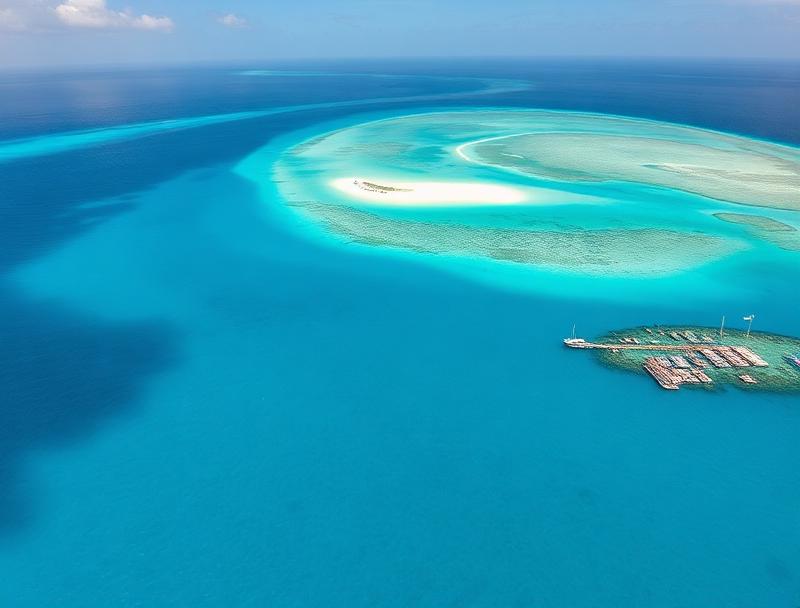 Aerial view turquoise Caribbean around Isla Mujeres