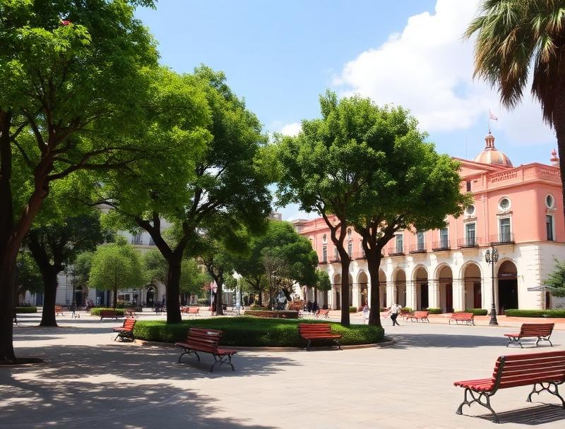 Merida central plaza with park benches and trees