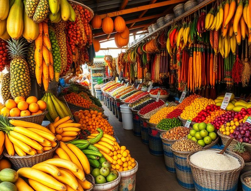 Local market with fresh tropical fruits and spices