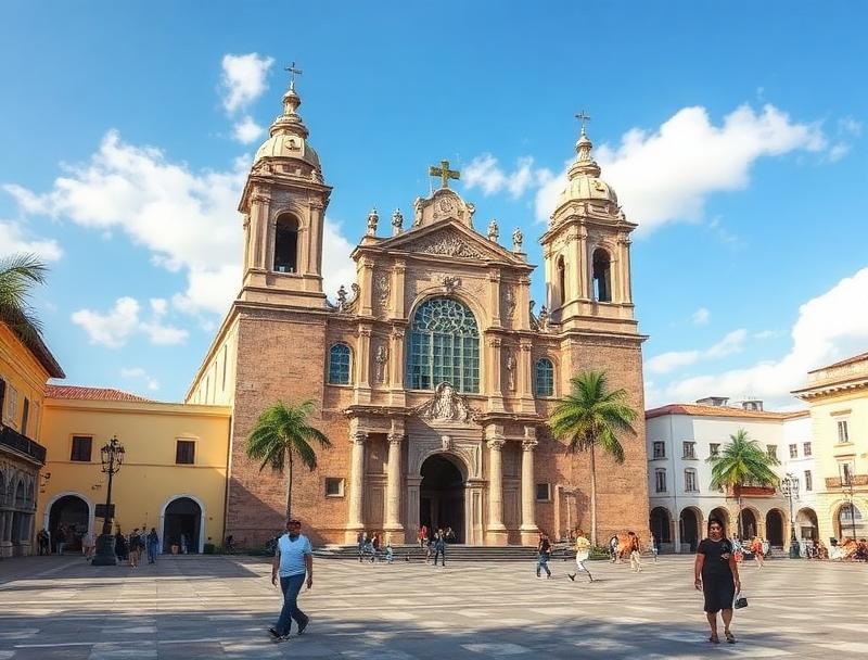 Merida cathedral and central plaza colonial architecture
