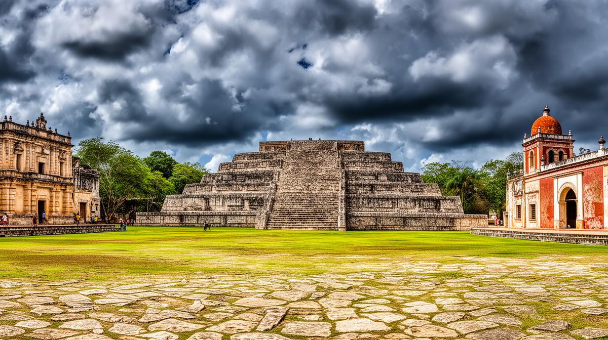 Panoramic Yucatan landscape with Uxmal pyramid and colonial architecture