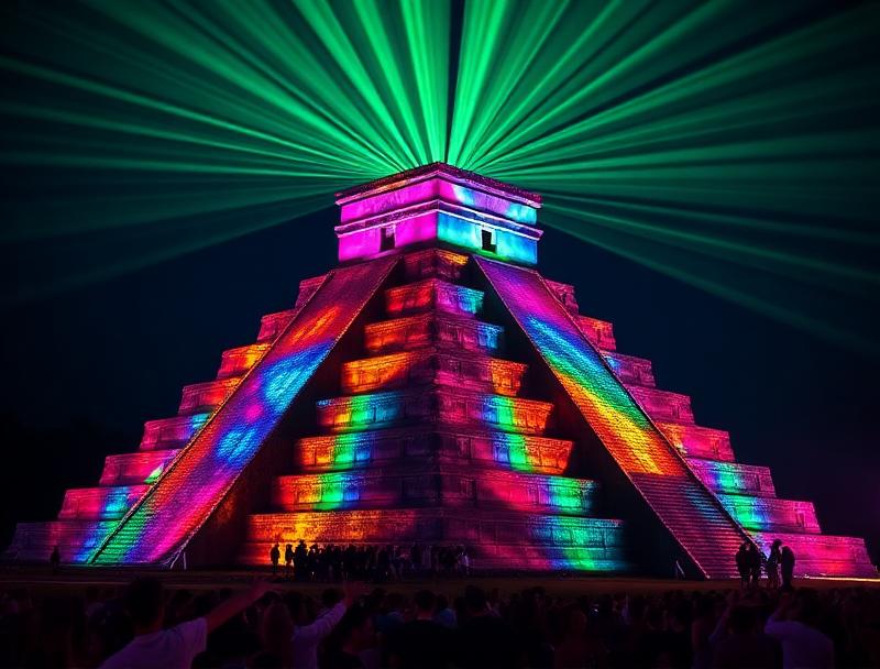 Blue laser lights illuminating ancient pyramid