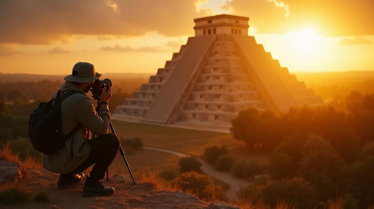 Photographer capturing El Castillo pyramid at Chichen Itza during golden hour