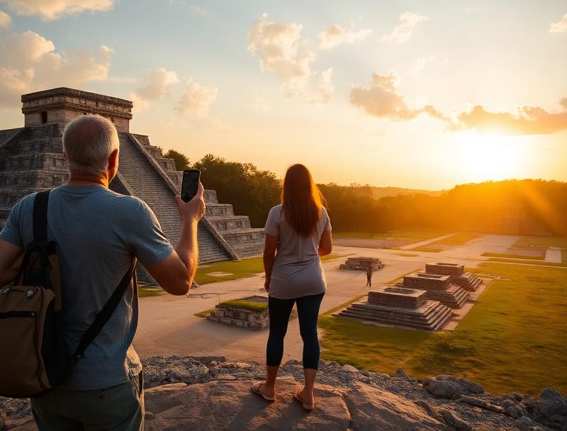 Dew-covered stone plaza at Chichen Itza morning