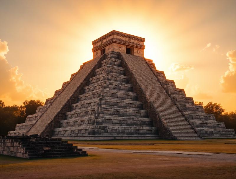 Golden sunrise behind El Castillo pyramid