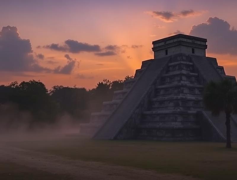 El Castillo silhouette against orange dawn sky