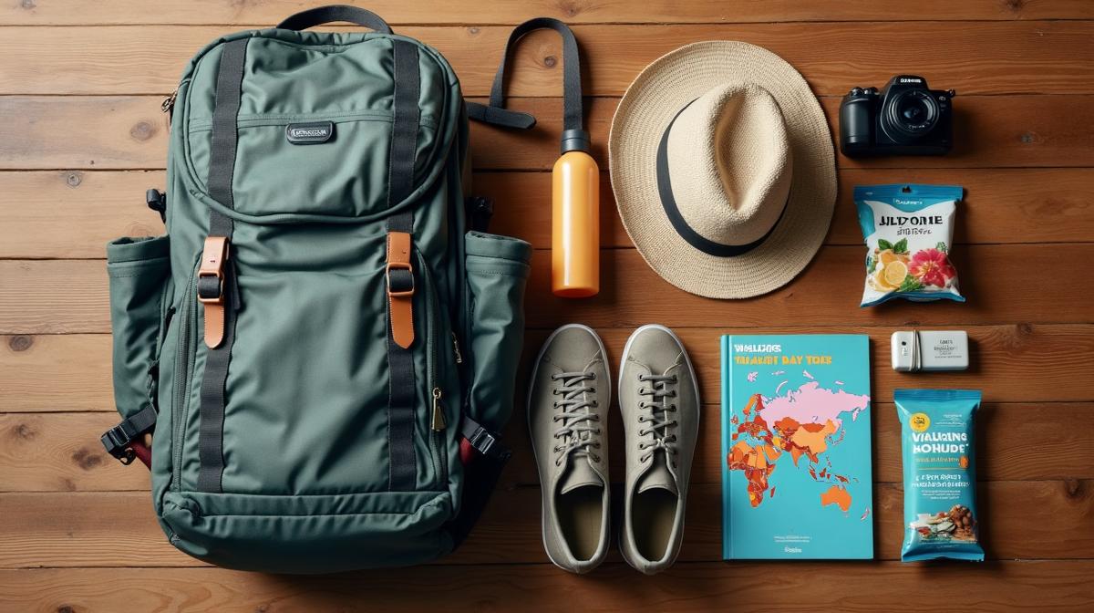 Travel essentials flat lay for visiting Chichen Itza